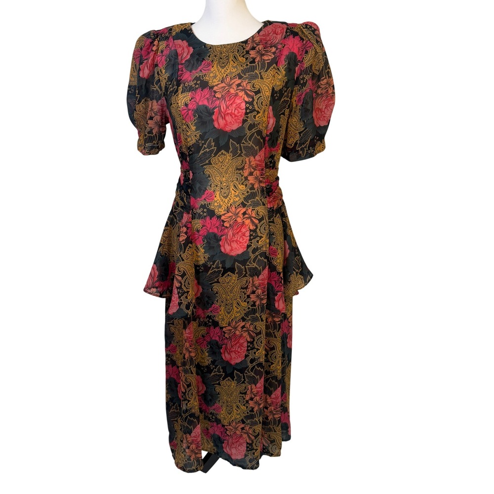 Sweet Miranda Peplum Midi Dress Women 12 Black Floral Paisley Good Puff Sleeve